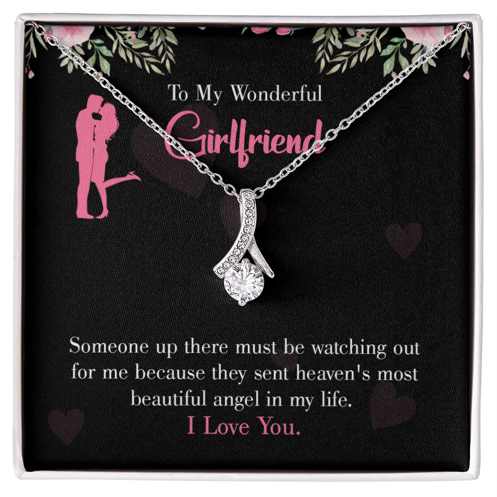 To My Girlfriend Most Beautiful Angel Ribbon Necklace Silver Tone Standard Box